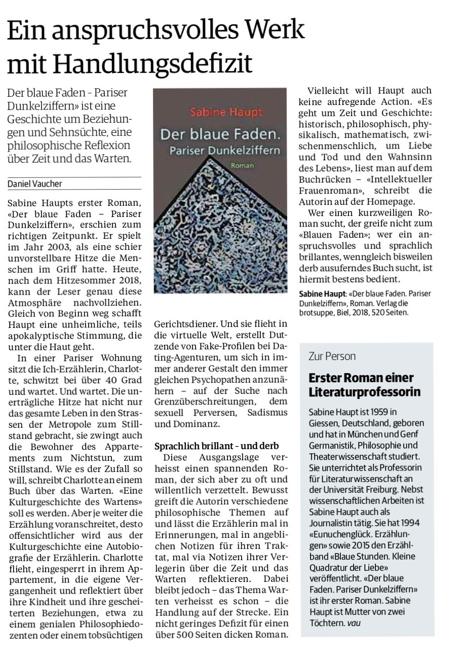 Freiburger Nachrichten, 1. 10.2018
Rezension zu "Der blaue Faden"