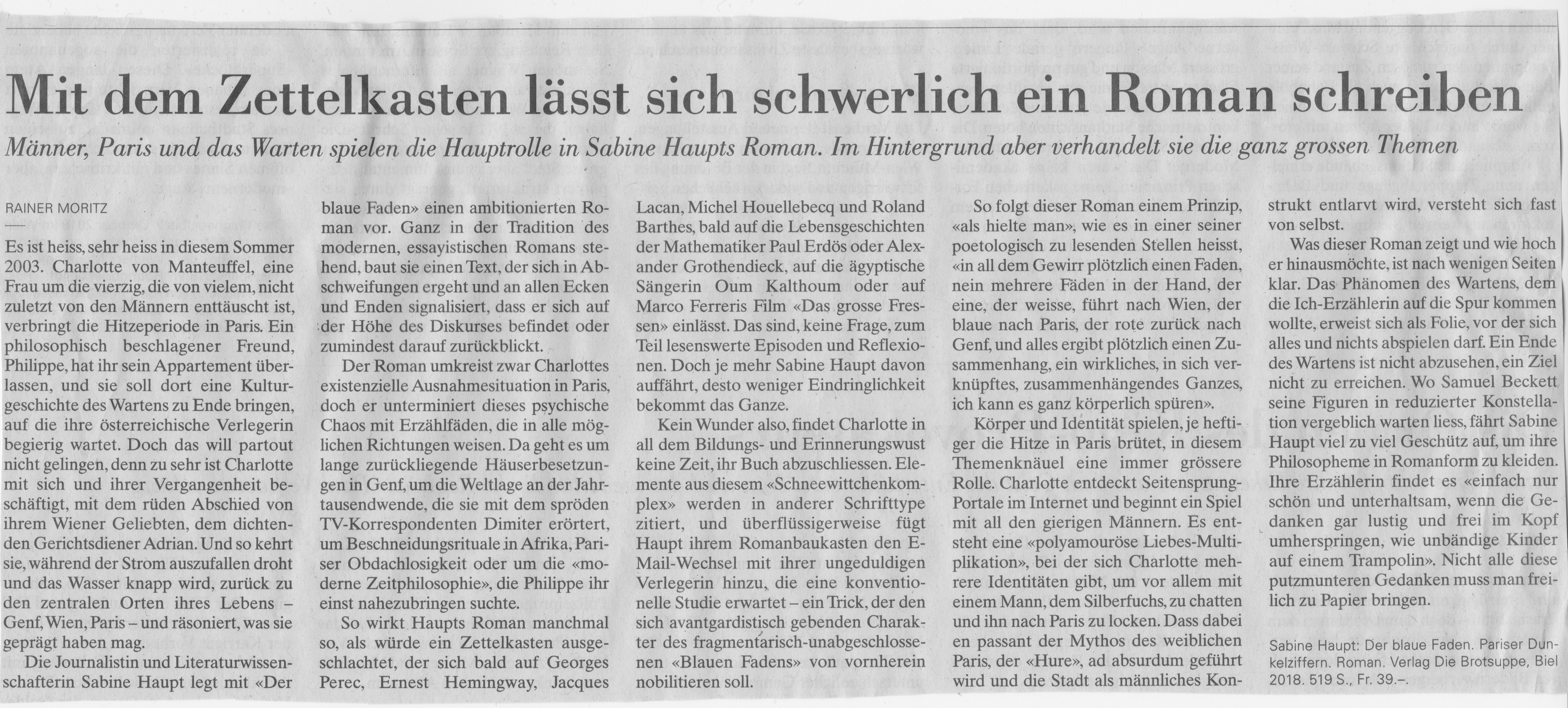 Rezension zu
"Der blaue Faden",
Rainer Moritz,
NZZ, 18.7.2018